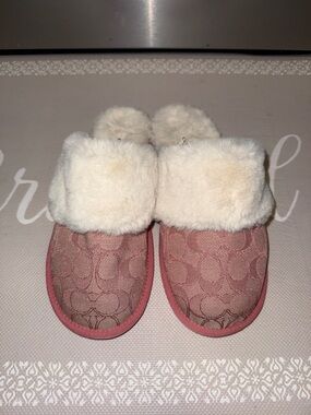 Coach Pink Signature C Jacquard Faux Fur Cuff Slippers